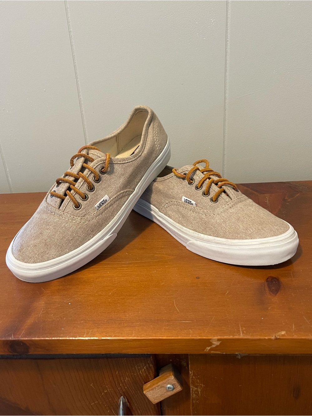 Vans Men’s Canvas Sneakers in Beige with Brown Laces